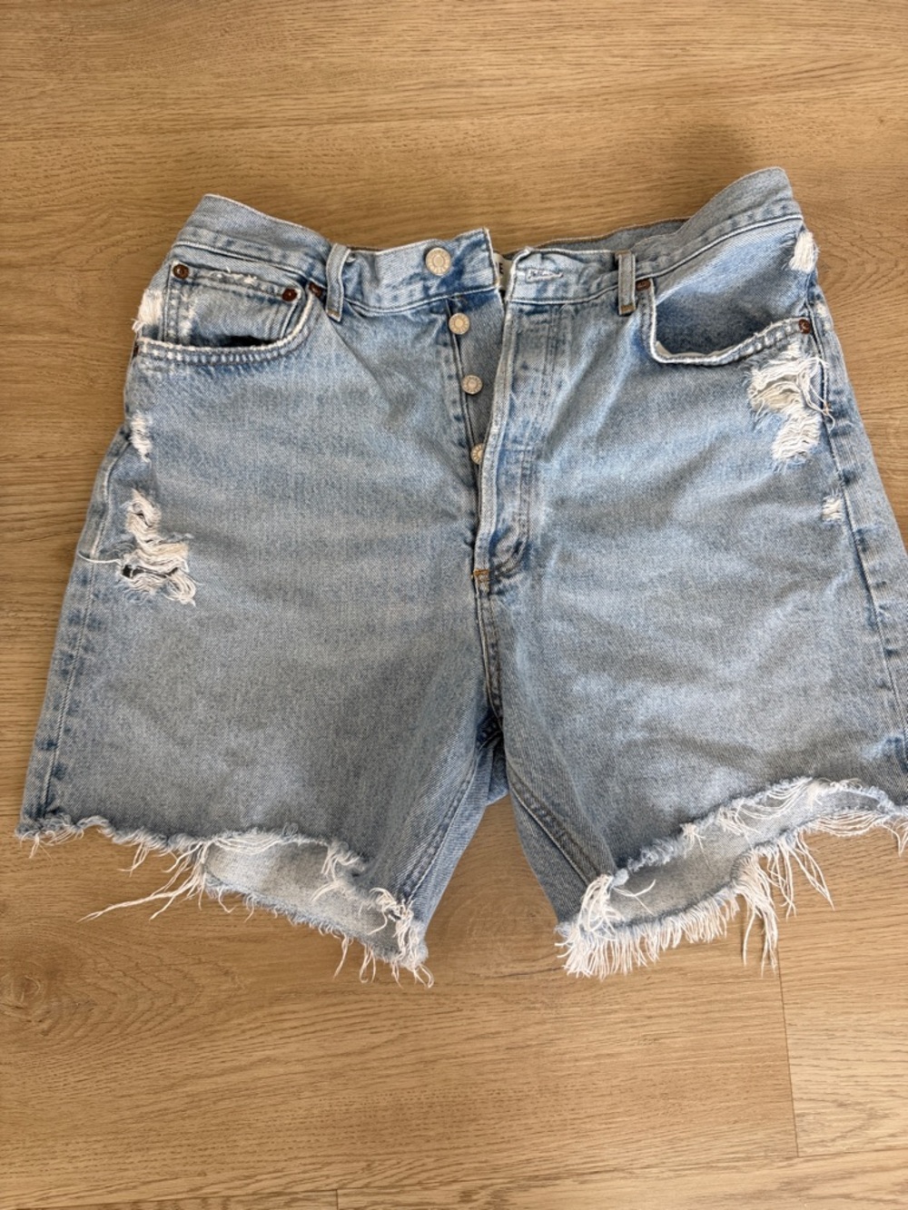 Agolde Light Wash Distressed High-Rise Denim Shorts